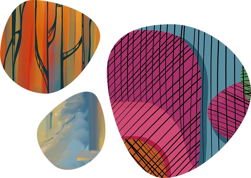Decorative items showing portions of artwork in the shape of irregular 2 dimensional blobs